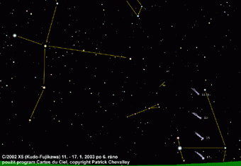 Mapka pohybu komety C/2002 X5 (Kudo-Fujikawa) nad rnem na vchod
