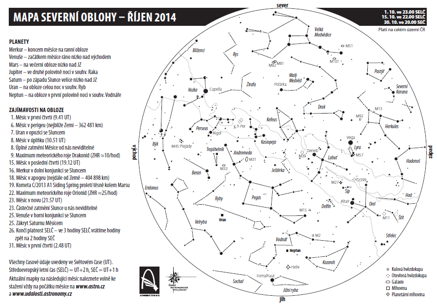 mapa oblohy v říjnu 2014