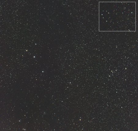 Kometa C/2021 A2 (NEOWISE) 11. 2. 2021, 30s ISO6400, Canon 6Dmod, WO FLT98 f5, ve výřezu vidíme, že kometa je opravdu extrémně slabá a jeví asi jen prachovou aktivitu. Foto: MaG