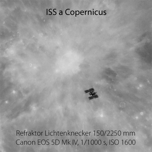 Měsíční kráter Koperník a ISS, foto: Aleš Majer