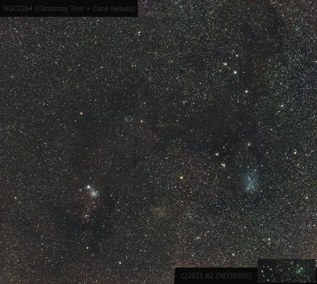 NGC2264 a C/2021 A2, 11. 2. 2021, Canon 6Dmod, WO FLT98, f5, 8×30 s, ISO 6400. V oblasti otevřené hvězdokupy Vánoční stromeček a mlhoviny Cone (kužel) se už kometa dlouho nezdržela a peláší dál.