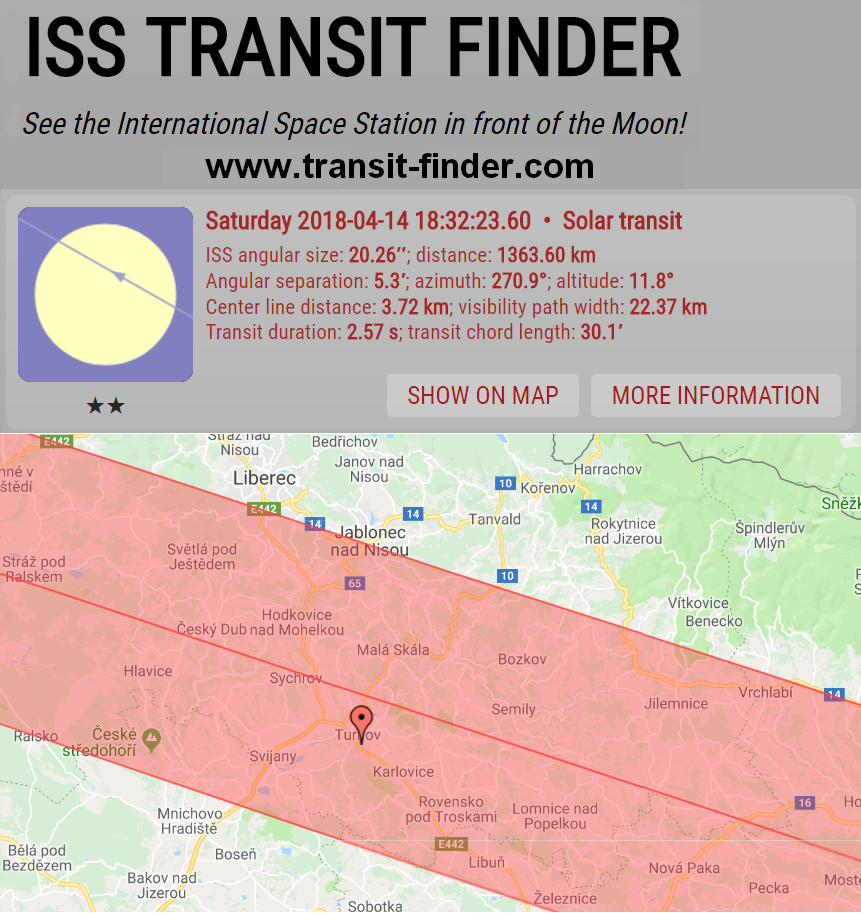 Předpověď přeletu ISS přes Slunce 14. 4. 2018 podle transit-finder.com