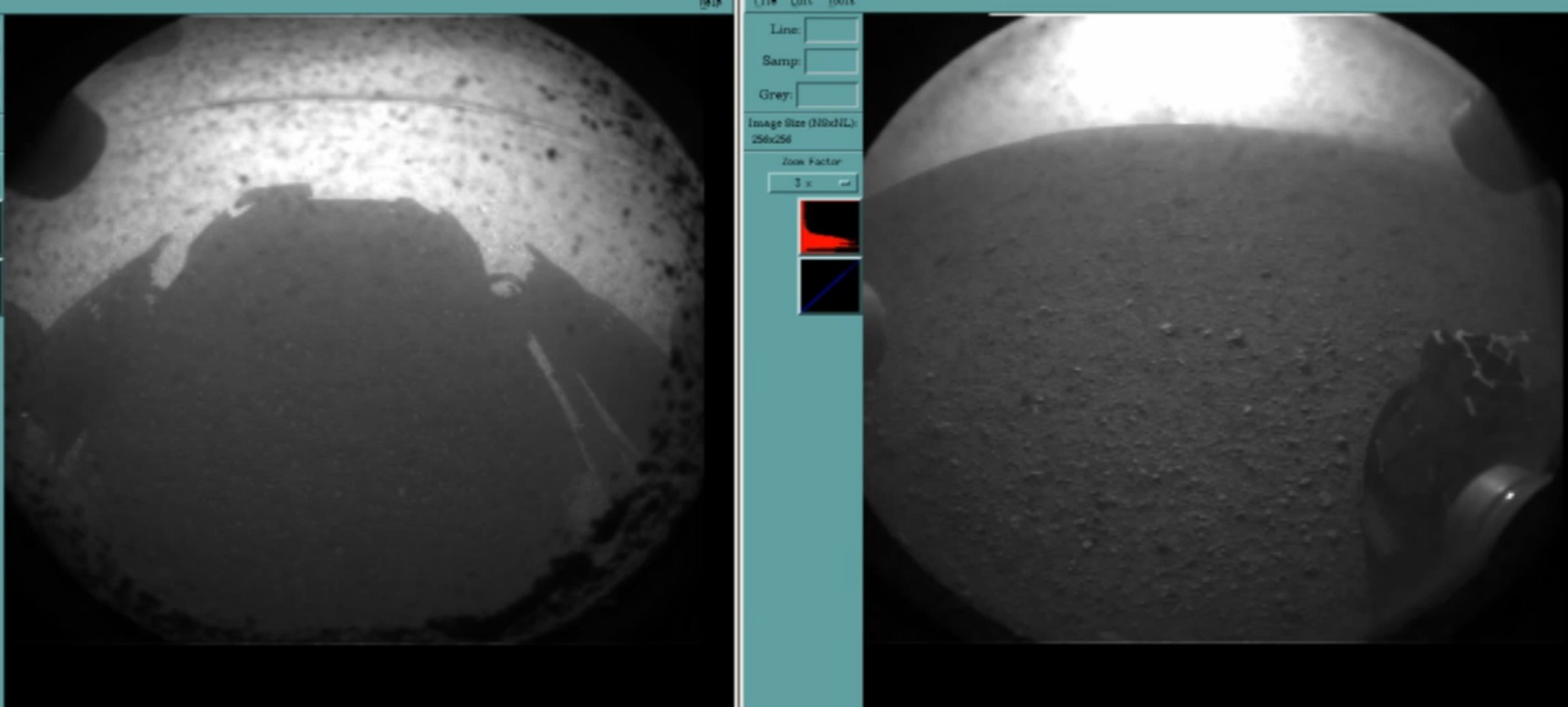 První dva snímky z navigačních kamer Curiosity. NASA/JPL