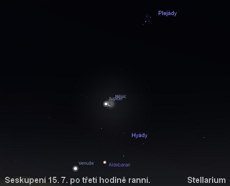 seskupení 15.7. na ranní obloze - Venuše a Aldebaran a Jupiter a Měsíc