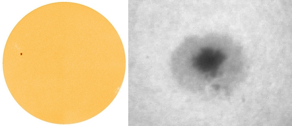 Slunce 31.10.2010 z observatoře-družice SDO a vpravo můj pokus o detail - jeden snímek z videa přes ED80/600 a okulár 5 mm.