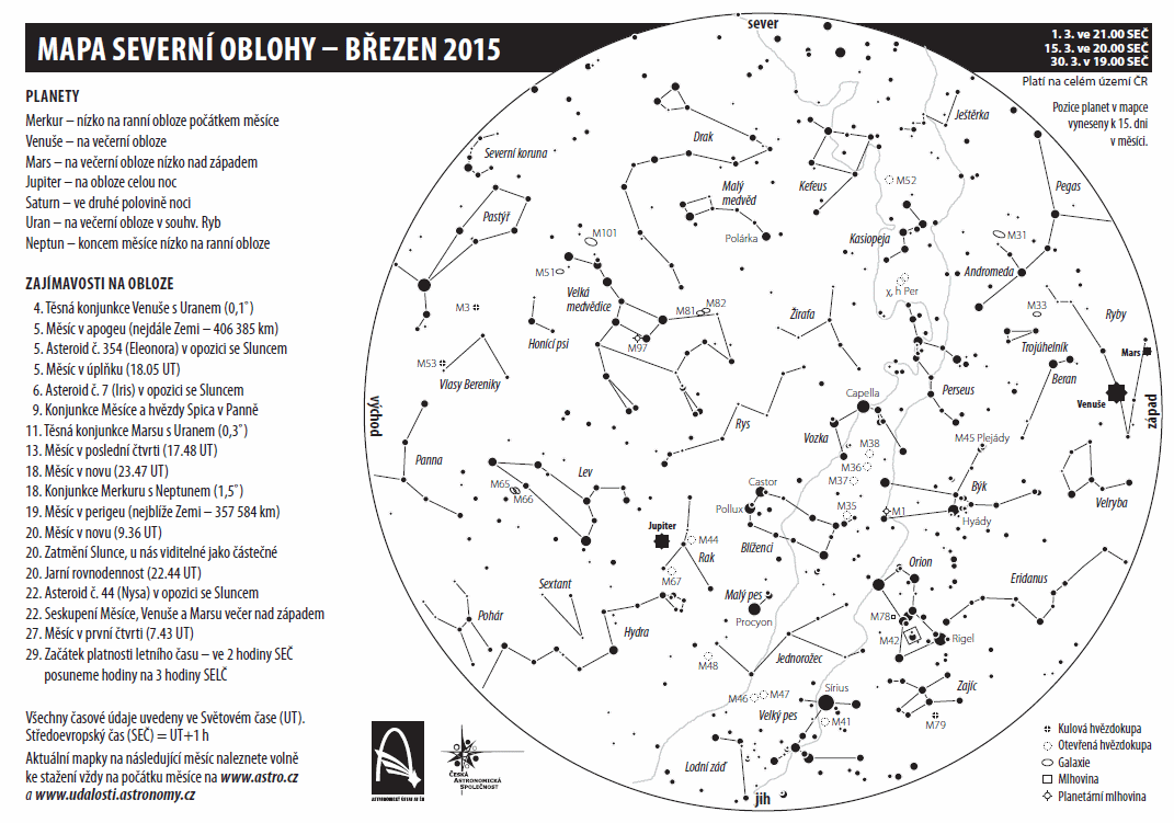 mapa oblohy v březnu 2015
