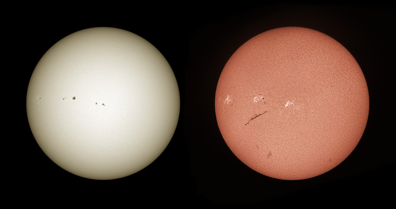 Sun - white light and H-alpha comparison