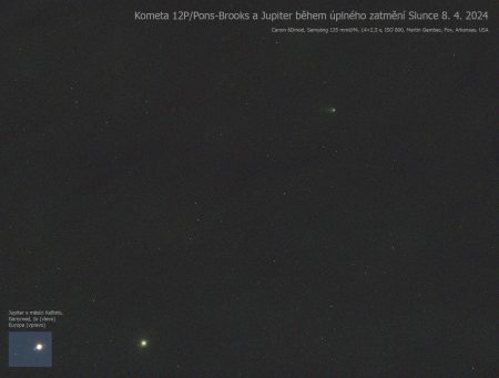 12P/Pons-Brooks a Jupiter 8. 4. 2024 v 18:56 UT během úplné fáze zatmění Slunce.