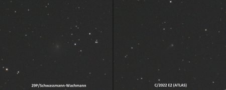 29P/Schwassmann-Wachmann 20240109 0001UT a C/2022 E2 (ATLAS) 20240109 0005UT, 60 s, Orion CT8, ASI294MC Pro