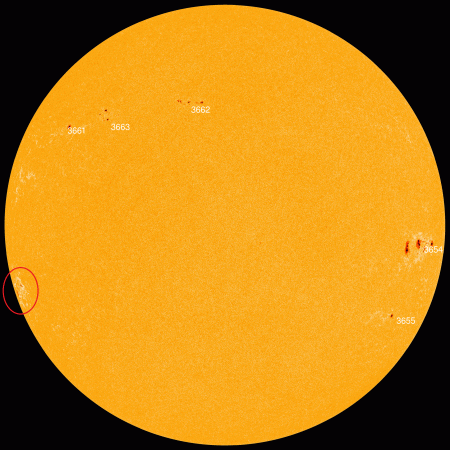 Slunce 1. 5. 2024, NASA/SDO/HMU. Místo vyznačuje oblast nově narotované, ještě nepojmenované aktivní oblasti (AR) 3664