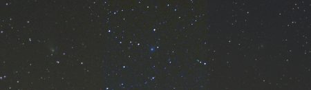 Komety za nevalného počasí přes nasouvající se vysokou oblačnost. C/2022 E3 (ZTF) - C/2020 V2 (ZTF) - C/2022 A2 (PanSTARRS) - 18. 3. 2023 kolem 20:45 SEČ, Samyang 135 mm