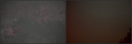 Dva snímky objektivem Samyang 135 mm (f2,2), Canon 6Dmod, vlevo Labuť, exp. 12 sekund, ISO 6400, výška prakticky zenit (85° nad Az 85). Vpravo Jižní koruna, střed snímku výška 9° nad jihem (Az 190), 6 sekund, ISO 6400. Převedeno z RAW, kapátkem neutralizace pozadí.