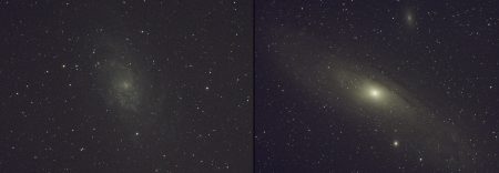 Galaxie M33 je fotograficky výrazná a s detaily ramen nebo známou velkou NGC mlhovinou vlevo nahoře u kraje, ale vizuálně je to slabý flek bez ramen. M31 a průvodci M32 a M110 nabízí lepší podívanou.