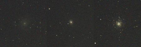 Ukázka vzhledu a jasu prvních tří večerních objektů - galaxie M 74 v Rybách, M 77 ve Velrybě a kulová hvězdokupa M 79 v Zajíci. Expozice 60 sekund, výřezy 1:1