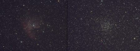 Vlevo mlhovina NGC 281 Pacman a vpravo pozapomenutý klenot NGC 7789.