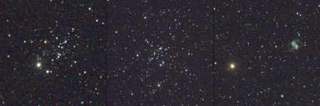 Hvězdokupa NGC 457 Človíček, M34 a planetární mlhovina M76 Malá činka