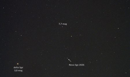 Nova Sge 2026 (28. 8. 4:30 SELČ), WO FLT98 f510 mm, ASI294MC Pro, 4×5 sekund. Martin Gembec