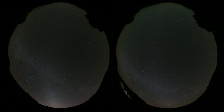Dvě celooblohovky, zatím jen JPG z foťáku, vlevo ve 3:20 a vpravo ve 4:45 UT. Dobře je vidět večerní zvířetníkové světlo (dole nad západem) a také Mléčná dráha. (zleva doprava).