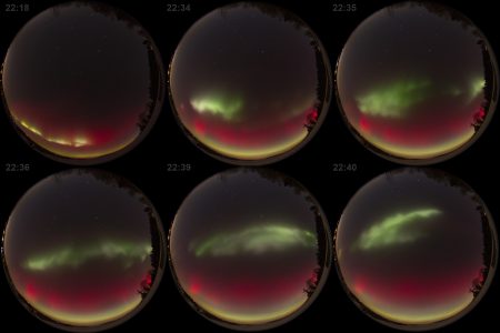 Výběr šesti snímků z období maxima dění. Canon 6Dmod a Sigma 8 mm, ISO1600, F5, expozice 5 sekund.