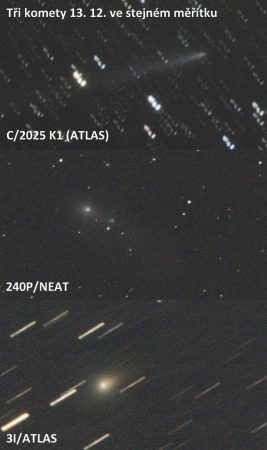 Komety 14. 12. krátce po půlnoci. ZWO ASI294MC Pro, Omegon RC8, ohnisko 1620 mm, složeno 8, resp 9 expozic a v případě 3I 40 expozic po 60 sekundách. Foto: M. Gembec